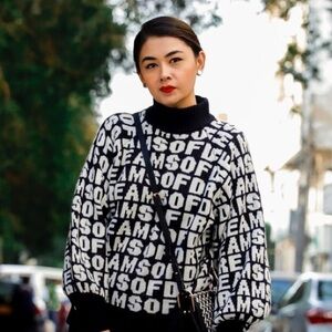 H&M Black White Dreams Of Sweater XS Mock Neck Oversized Knit Graphic Pullover